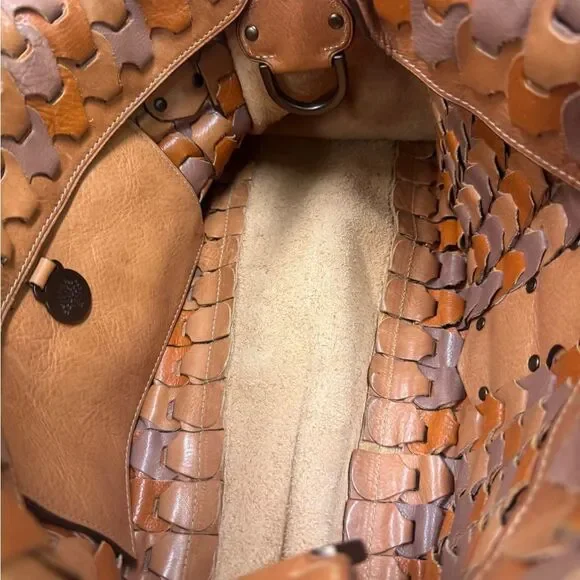 Mulberry Camel Cognac & Taupe Interlocking Woven Leather Roxanne Tote Bag Y2K - Picture 15 of 16